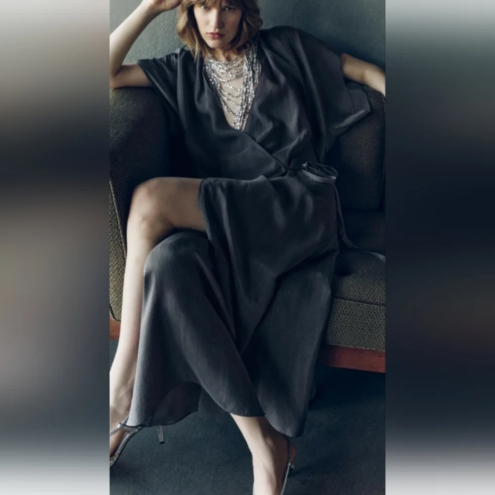 Zara Zw Collection Wrap Business Casual Midi Gray Lighweight Dress_2